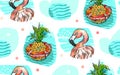 Hand drawn vector abstract creative summer time seamless pattern with pineapple,pink flamingo and ocean waves isolated