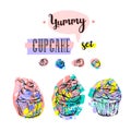 Hand drawn vector abstract creative sweet food design elements collection set with hand made modern graphic cupcakes Royalty Free Stock Photo