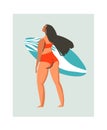 Hand drawn vector abstract cute summer time beach surfer girl illustration with red swimwear and surfboard isolated on Royalty Free Stock Photo