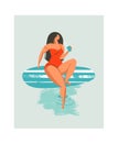 Hand drawn vector abstract cute summer time beach surfer girl illustration with red swimwear and surfboard isolated on Royalty Free Stock Photo