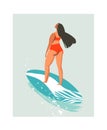 Hand drawn vector abstract cute summer time beach surfer girl illustration with red swimwear and surfboard isolated on Royalty Free Stock Photo