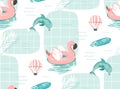 Hand drawn vector abstract cute summer time cartoon illustrations seamless pattern with pink flamingo float circle Royalty Free Stock Photo