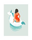 Hand drawn vector abstract cute summer time fun beach young girl illustration with unicorn swimming pool float rubber