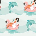 Hand drawn vector abstract cute summer time seamless pattern with beach girl swimming on pink flamingo float circle and Royalty Free Stock Photo