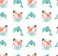 Hand drawn vector abstract cute summer time seamless pattern with beach girl swimming on pink flamingo float circle and Royalty Free Stock Photo