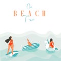 Hand drawn vector abstract exotic summer time funny illustration with surfer girls, unicorn float,surfboard and dog on