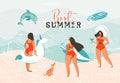 Hand drawn vector abstract exotic summer time funny illustration with surfer girls, unicorn float,surfboard and dog on Royalty Free Stock Photo