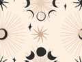 Hand drawn vector abstract flat stock graphic icon illustrations seamless pattern with celestial moon phases,sun and Royalty Free Stock Photo