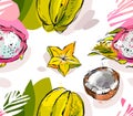 Hand drawn vector abstract freehand textured unusual seamless pattern with exotic tropical fruits dragon fruit,coconut