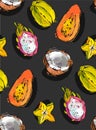 Hand drawn vector abstract freehand textured unusual seamless pattern with exotic tropical fruits papaya,dragon fruit