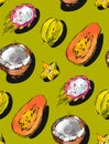 Hand drawn vector abstract freehand textured unusual seamless pattern with exotic tropical fruits papaya,dragon fruit