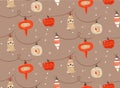 Hand drawn vector abstract fun Merry Christmas and Happy New Year time cartoon rustic festive seamless pattern with cute Royalty Free Stock Photo
