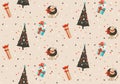 Hand drawn vector abstract fun Merry Christmas and Happy New Year time cartoon rustic festive seamless pattern with cute Royalty Free Stock Photo