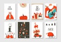 Hand drawn vector abstract fun Merry Christmas time cartoon cards collection set with cute illustrations,surprise gift Royalty Free Stock Photo