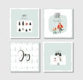 Hand drawn vector abstract fun Merry Christmas time cartoon cards collection set with cute illustrations,surprise gift Royalty Free Stock Photo