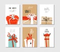 Hand drawn vector abstract fun Merry Christmas time cartoon cards or tags collection set with cute illustrations of Royalty Free Stock Photo