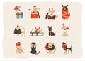 Hand drawn vector abstract fun Merry Christmas time cartoon icons illustrations collection set with mammal happy dogs in Royalty Free Stock Photo