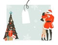 Hand drawn vector abstract fun Merry Christmas time cartoon illustration with romantic couple who kissing and hugging