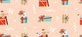 Hand drawn vector abstract fun Merry Christmas time cartoon illustration seamless pattern with pet dog in xmas surprise