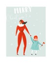 Hand drawn vector abstract fun Merry Christmas time cartoon illustration set with family mother and daughter walking in Royalty Free Stock Photo