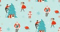 Hand drawn vector abstract fun Merry Christmas time cartoon illustrations seamless pattern with people,kids,Santa Claus