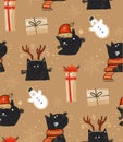 Hand drawn vector abstract fun Merry Christmas time cartoon rustic festive seamless pattern with cute illustrations of Royalty Free Stock Photo