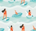 Hand drawn vector abstract fun summer time fabric seamless pattern with surfer girls,swimming unicorn circle,cute dog on Royalty Free Stock Photo