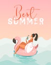 Hand drawn vector abstract fun summer time illustration card with girl swimming on pink flamingo float circle in blue Royalty Free Stock Photo