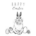 Hand drawn vector abstract funny lined poster with realistic rabbit,Easter eggs and Happy Easter quotes in black and Royalty Free Stock Photo