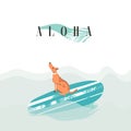 Hand drawn vector abstract funny summer time illustration card with swimming surfer dog on surfboard in blue ocean waves Royalty Free Stock Photo