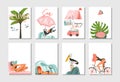 Hand drawn vector abstract graphic cartoon summer time flat illustrations cards template collection set with beach Royalty Free Stock Photo