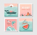 Hand drawn vector abstract graphic cartoon summer time flat illustrations cards template collection set with beach Royalty Free Stock Photo