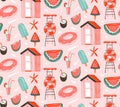 Hand drawn vector abstract graphic cartoon summer time flat illustrations seamless patterns with cocktails,watermelons Royalty Free Stock Photo