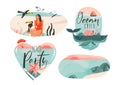 Hand drawn vector abstract graphic cartoon summer time flat illustrations sign collection set with girl,whale,sunset