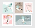 Hand drawn vector abstract graphic creative cartoon illustrations cards collection set template with astronaut unicorns Royalty Free Stock Photo