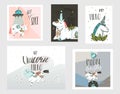 Hand drawn vector abstract graphic creative cartoon illustrations cards collection set template with astronaut unicorns Royalty Free Stock Photo