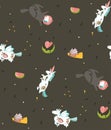 Hand drawn vector abstract graphic creative cartoon illustrations seamless pattern with cosmonaut unicorns with old Royalty Free Stock Photo