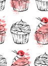 Hand drawn vector abstract graphic delicious seamless pattern with cupcakes in pink colors isolated on white background