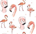 Hand drawn vector abstract graphic pink pastel flamingo tropical birds seamless pattern with freehand textures isolated