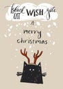 Hand drawn vector abstract Merry Christmas greeting card template with cute black cat character in deer antler and