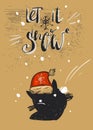 Hand drawn vector abstract Merry Christmas greeting card template with funny black cat character in red Santa Claus hat Royalty Free Stock Photo