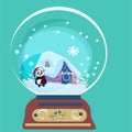 Hand drawn vector abstract Merry Christmas and Happy New Year time big cartoon snow globe sphere illustration.panda Royalty Free Stock Photo