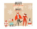 Hand drawn vector abstract Merry Christmas and Happy New Year time cartoon illustrations greeting card with outdoor