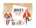 Hand drawn vector abstract Merry Christmas and Happy New Year time cartoon illustrations greeting card template with Royalty Free Stock Photo