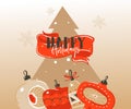 Hand drawn vector abstract Merry Christmas and Happy New Year time cartoon illustrations greeting header template with Royalty Free Stock Photo