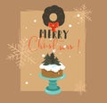 Hand drawn vector abstract Merry Christmas and Happy New Year time retro cartoon illustrations greeting card with cake Royalty Free Stock Photo