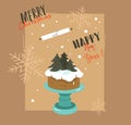 Hand drawn vector abstract Merry Christmas and Happy New Year time retro cartoon illustrations greeting card with cake Royalty Free Stock Photo