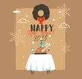 Hand drawn vector abstract Merry Christmas and Happy New Year time retro vintage cartoon illustrations greeting card Royalty Free Stock Photo