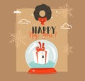 Hand drawn vector abstract Merry Christmas and Happy New Year time retro vintage cartoon illustrations greeting card Royalty Free Stock Photo