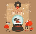 Hand drawn vector abstract Merry Christmas and Happy New Year time retro vintage cartoon illustrations greeting card Royalty Free Stock Photo